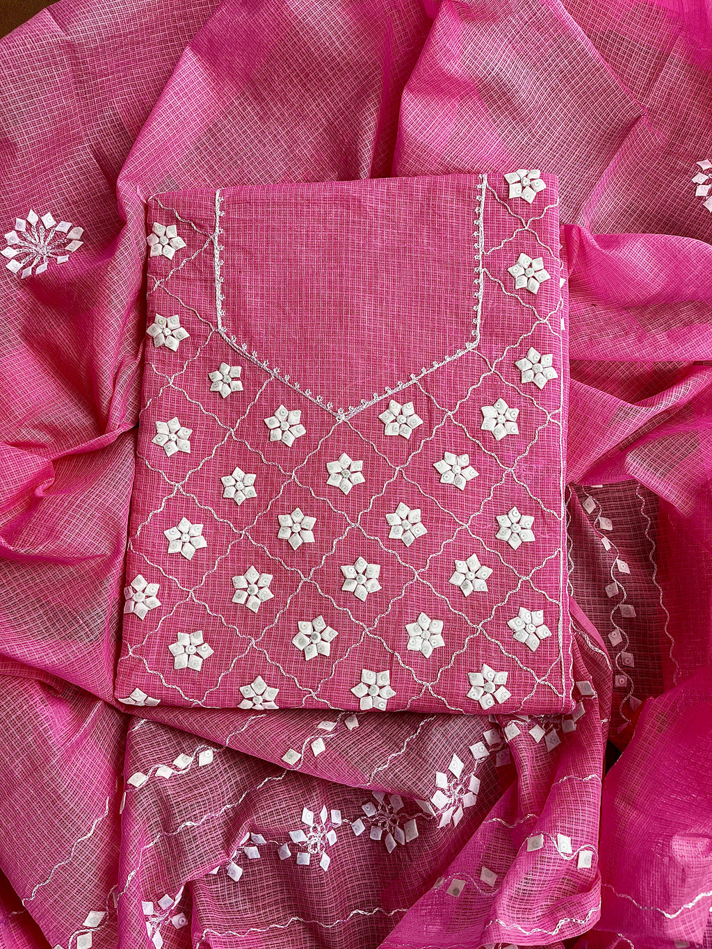 Pink & White Check Design Suit (Patchkari Edition)