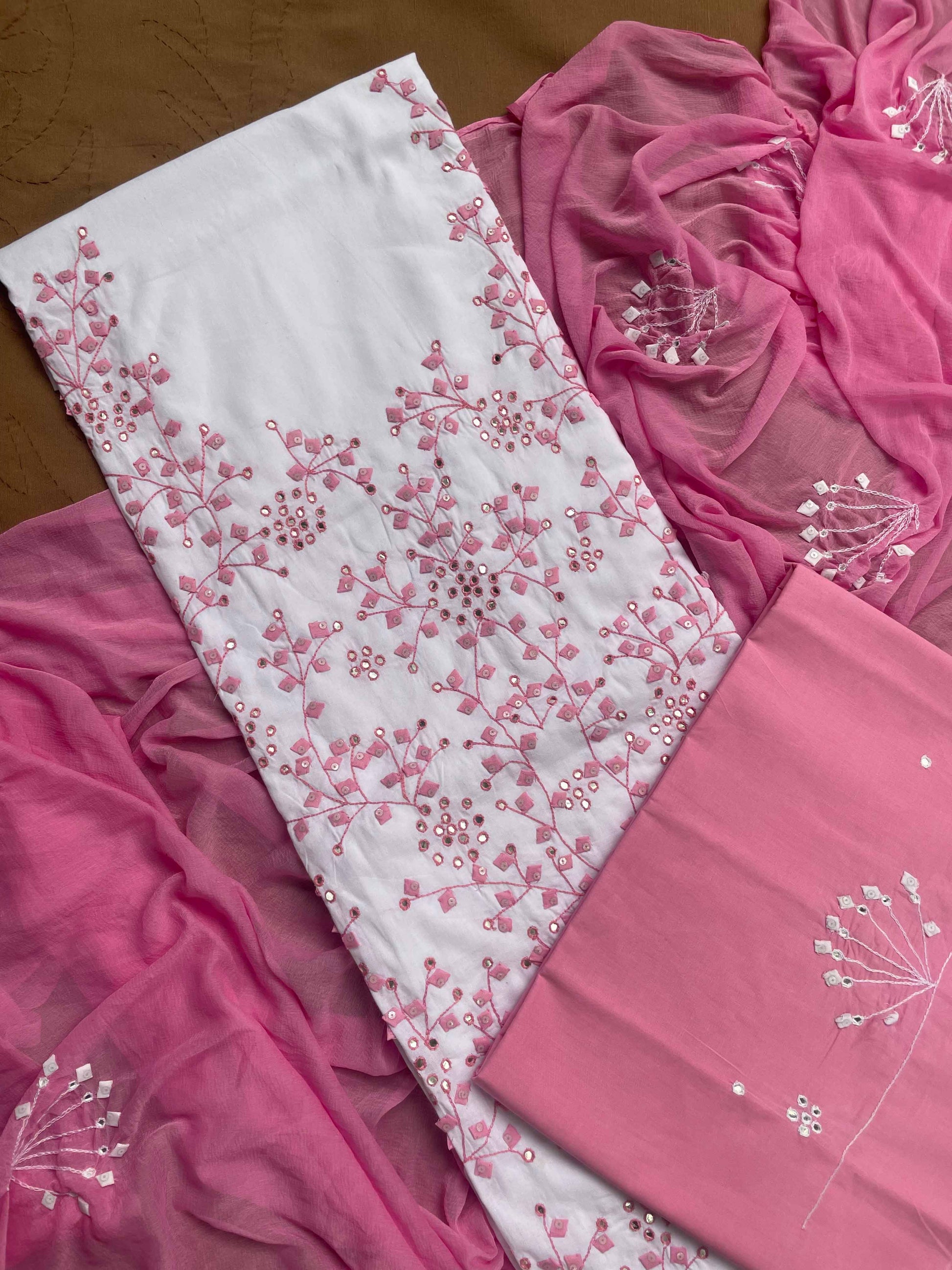 White Suit with pink branches (Patchkari Edition)
