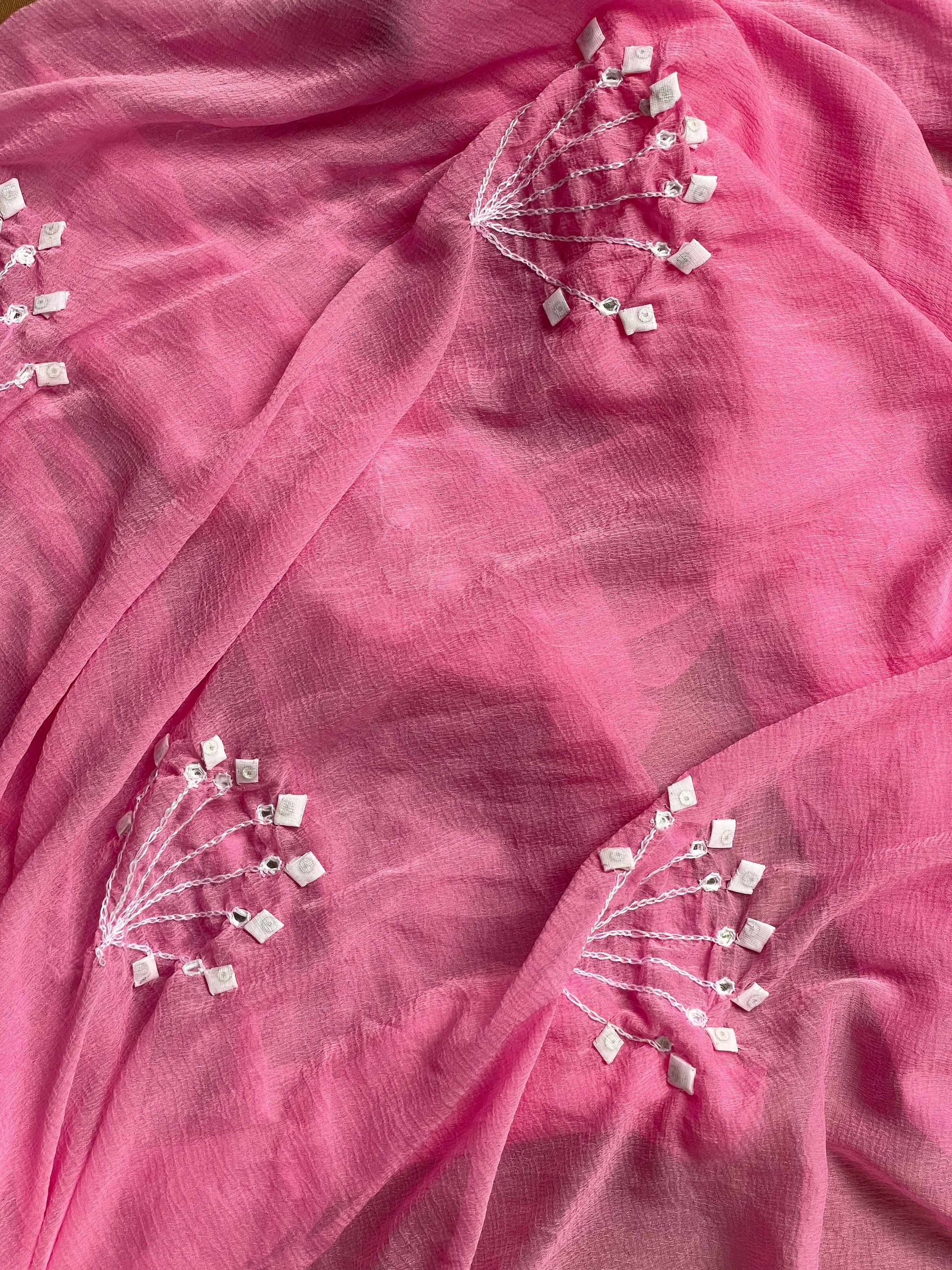 White Suit with pink branches (Patchkari Edition)