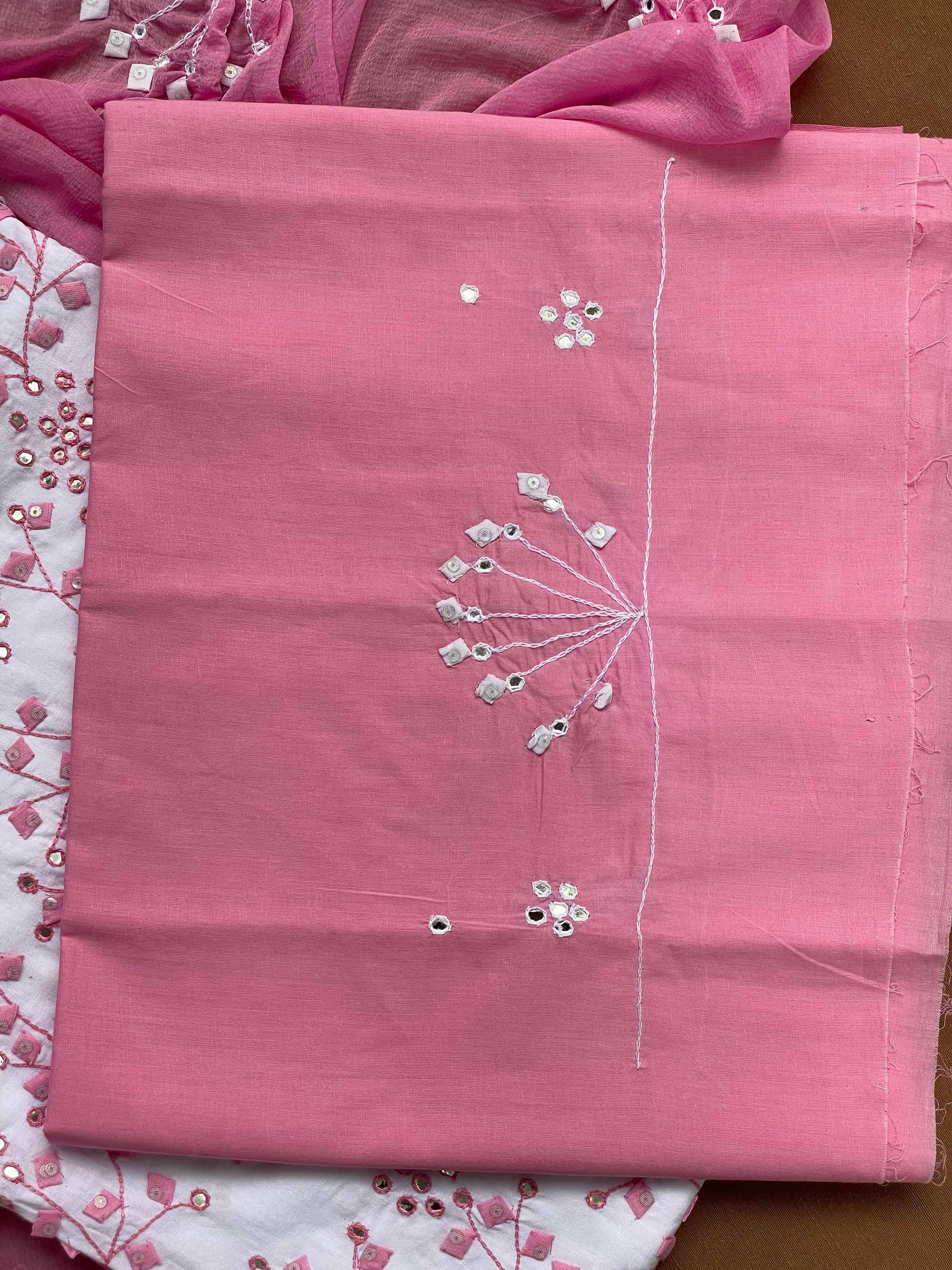 White Suit with pink branches (Patchkari Edition)