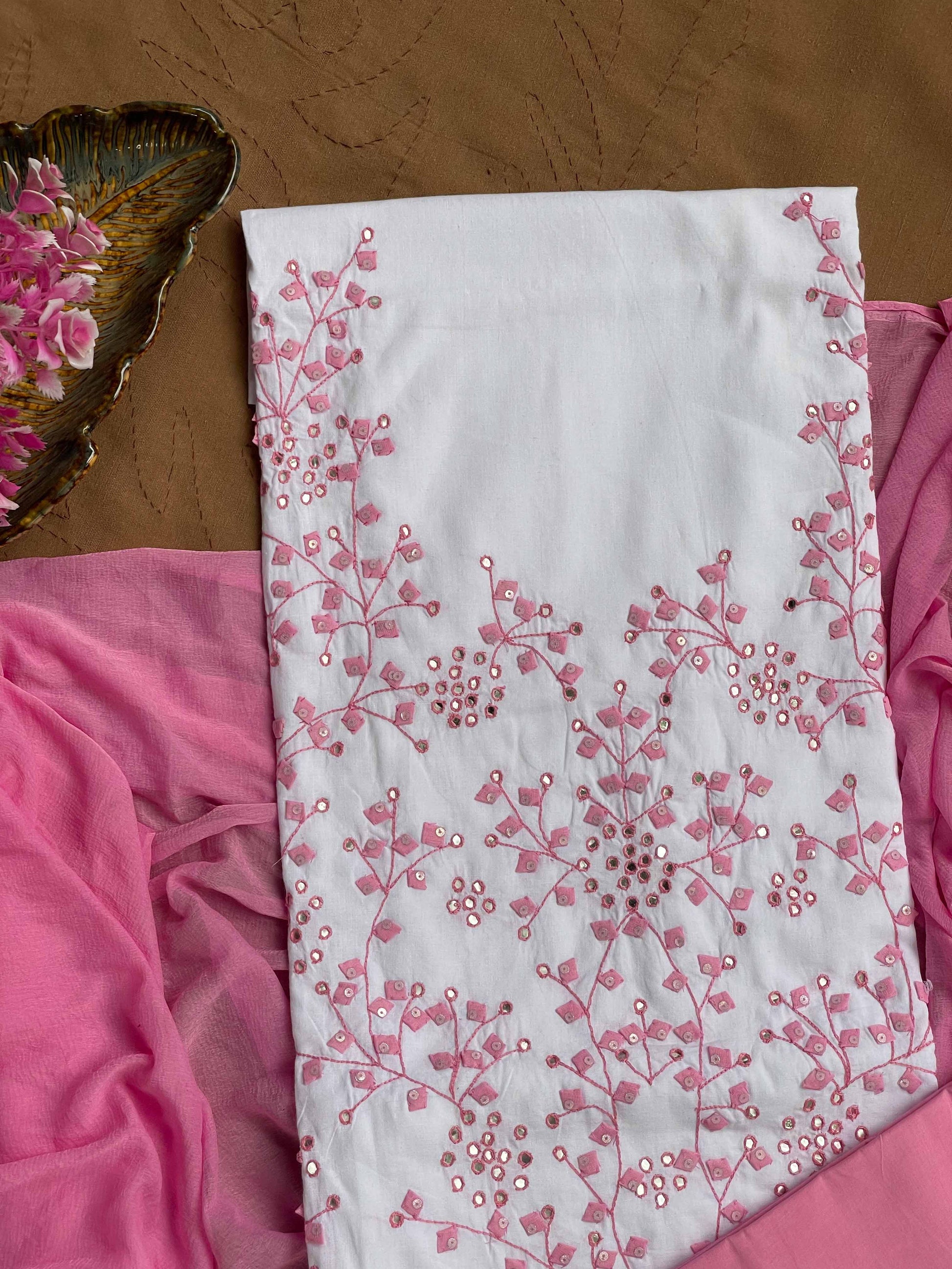 White Suit with pink branches (Patchkari Edition)
