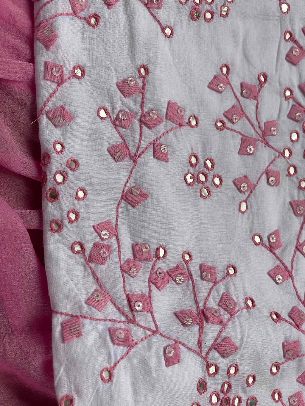 White Suit with pink branches (Patchkari Edition)