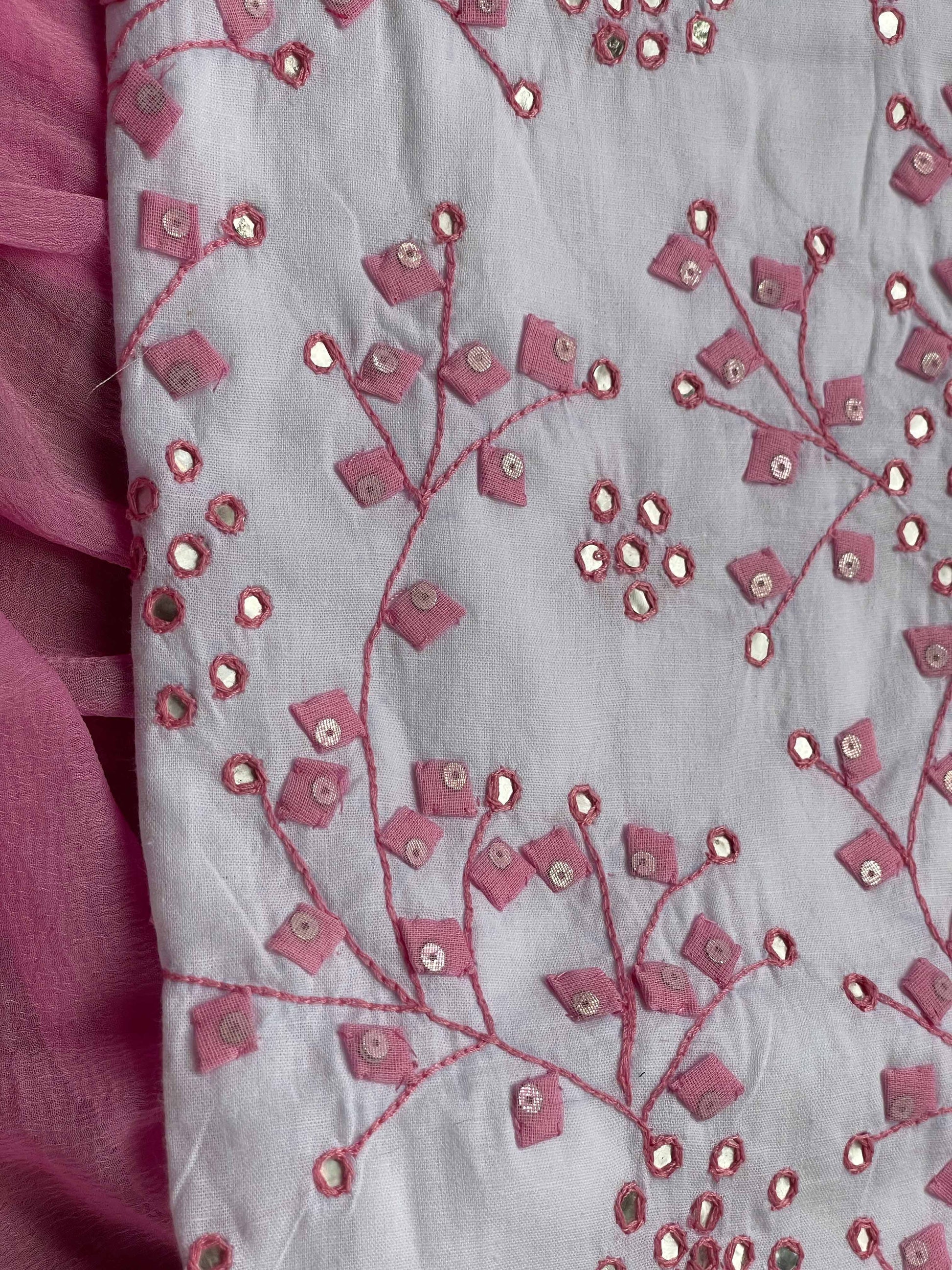 White Suit with pink branches (Patchkari Edition)