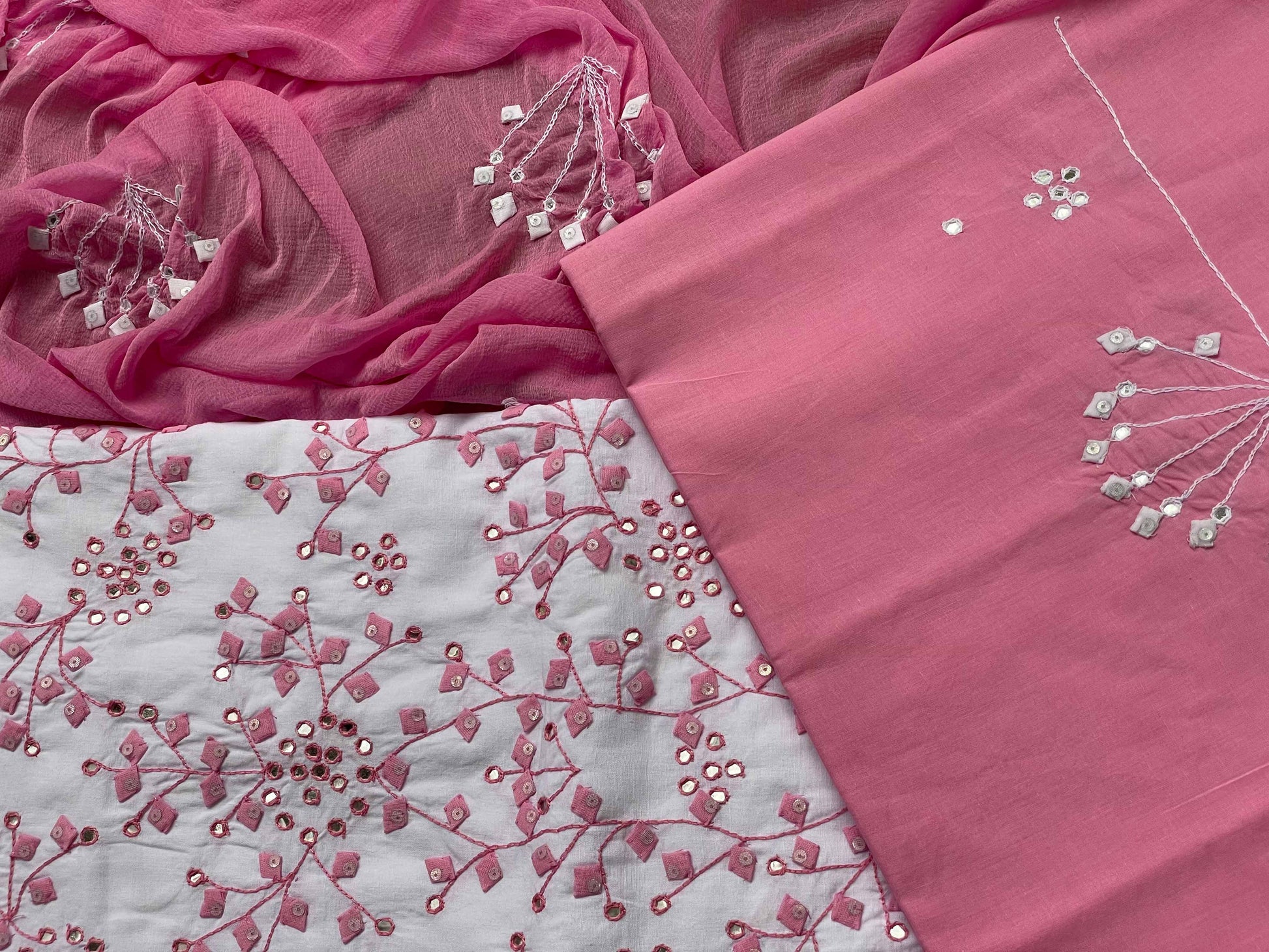 White Suit with pink branches (Patchkari Edition)