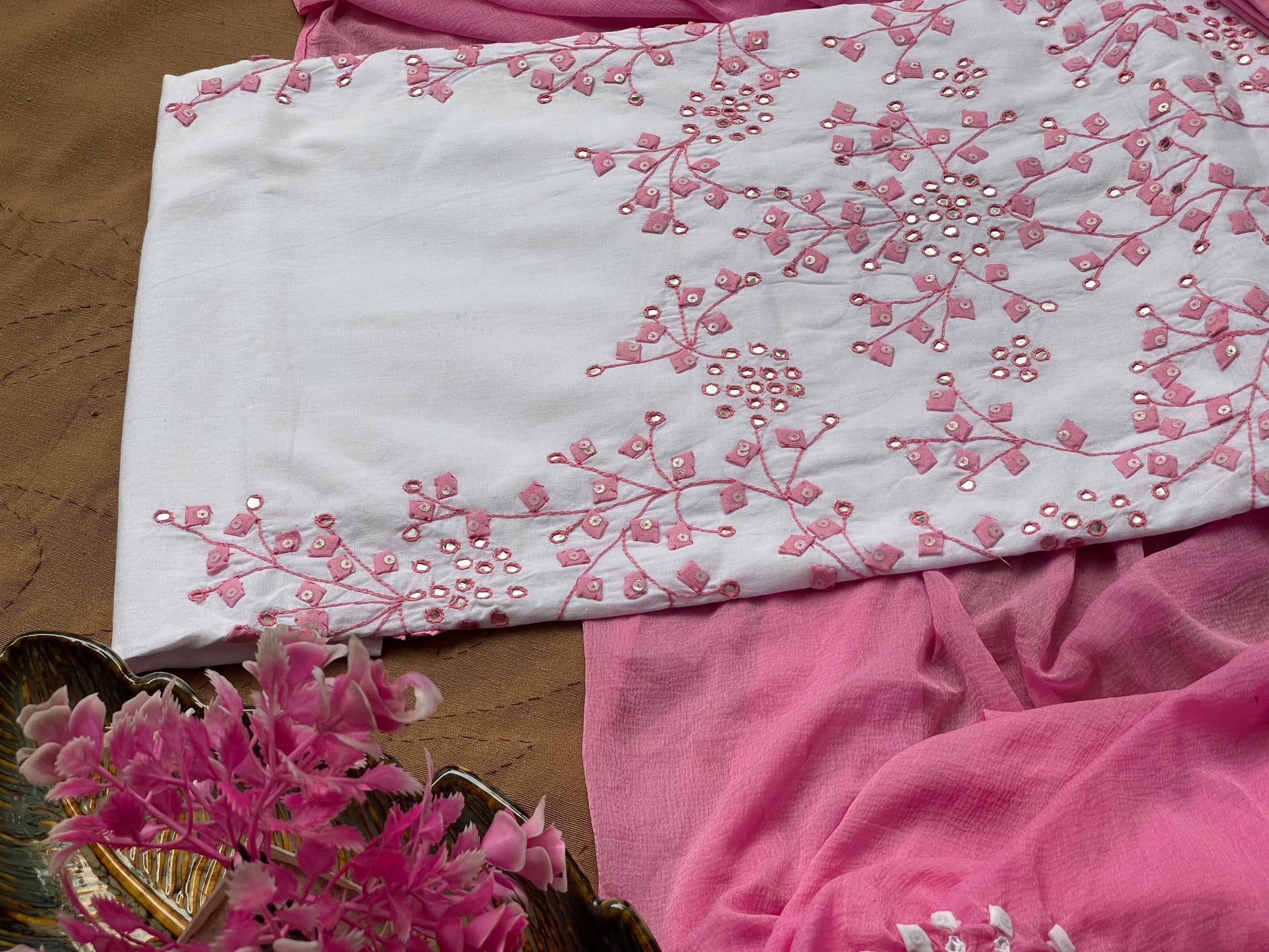 White Suit with pink branches (Patchkari Edition)