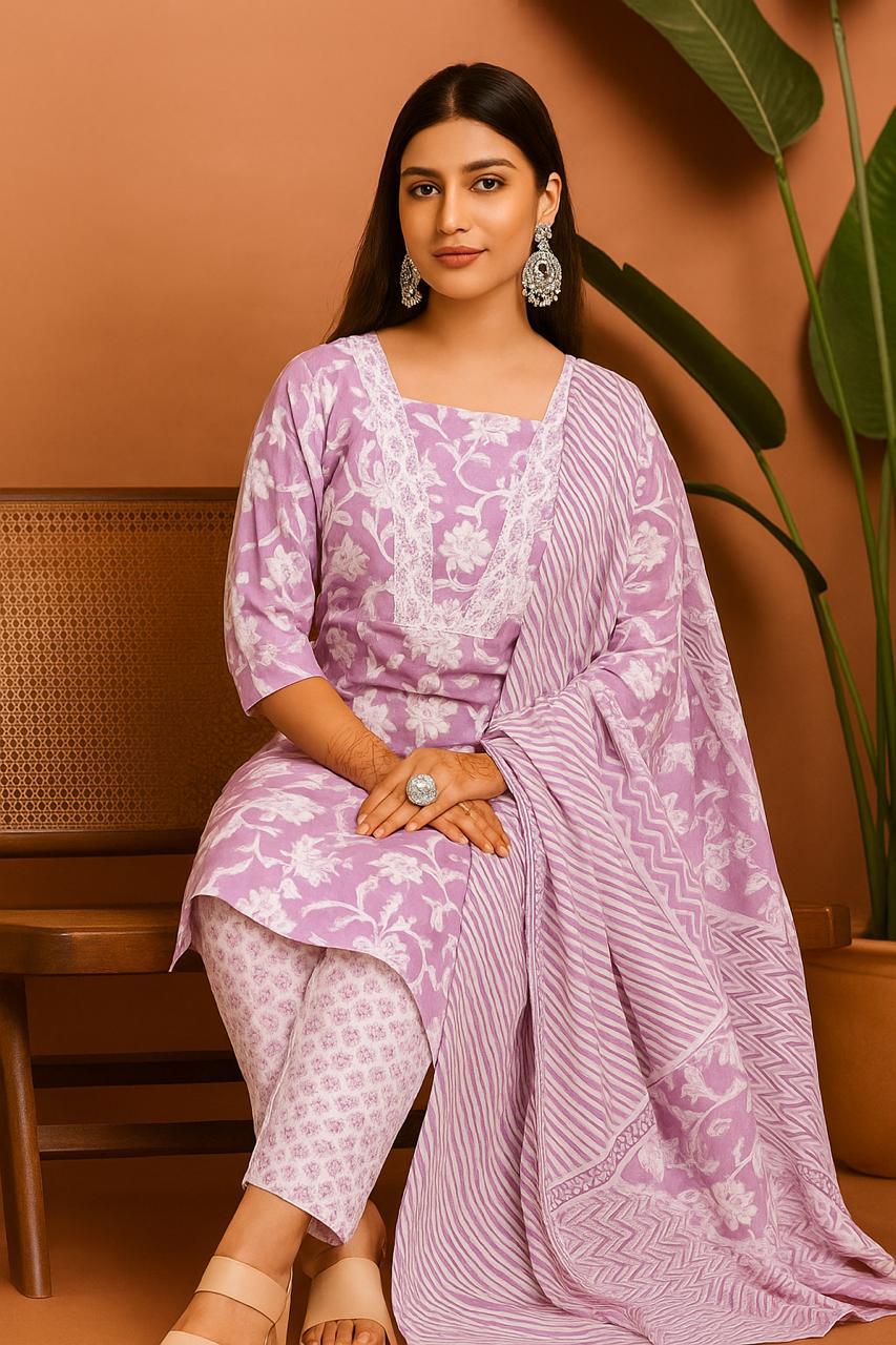 Casual wear Cotton Suit With Straight Pant And Dupatta