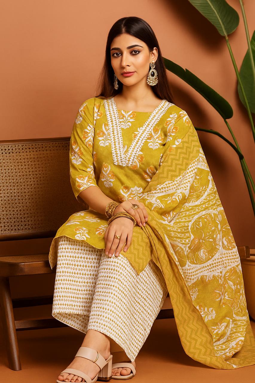 Cotton Casual Suit With Straight Pant And Dupatta